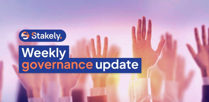 A banner image for "Stakely Weekly governance update" featuring silhouetted raised hands against a warm orange/pink background.