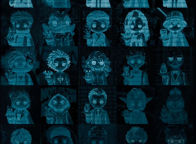 A grid of teal-colored cartoon ape NFT characters with various accessories and expressions.