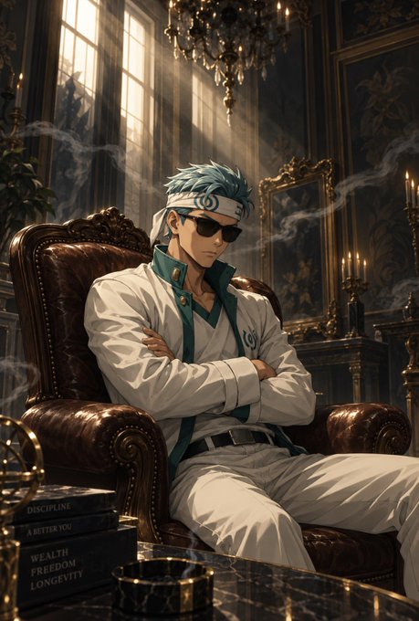 An anime-style illustration of a blue-haired character wearing sunglasses and a headband, dressed in a white uniform with green trim, sitting with crossed arms in an ornate leather chair within a luxurious candlelit room.