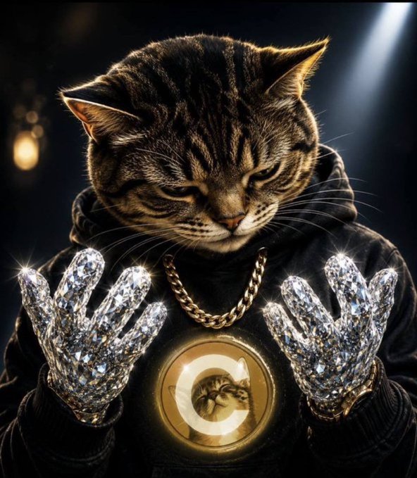 A tabby cat wearing diamond-encrusted gloves and a black hoodie holds up a glowing gold "C" medallion, symbolizing the hype and flexed wealth around the $CATE token referenced in the caption. The image leans into the meme's braggadocious tone, portraying $CATE as a billion-dollar gem-studied contender ready to rally despite the hate.