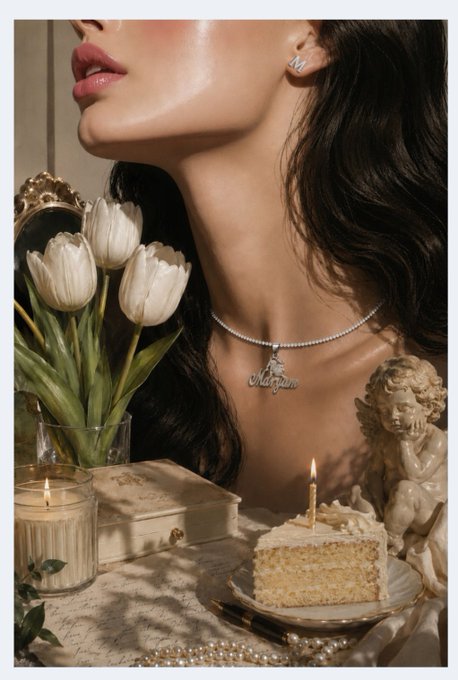 A close-up of a woman wearing a custom name necklace reading 'Marjan', posed elegantly with white tulips, a slice of birthday cake, and a cherub statue in a vintage-styled setting.