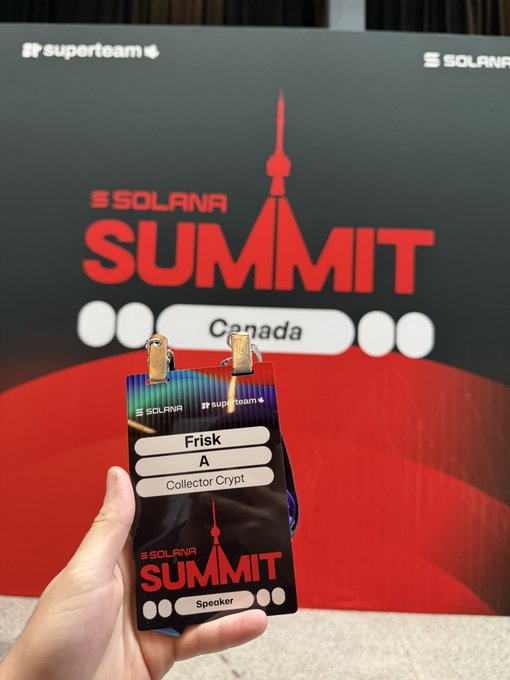 A hand holds a speaker badge for 'Frisk A, Collector Crypt' at the Solana Summit Canada, with a branded backdrop and lanyard visible.