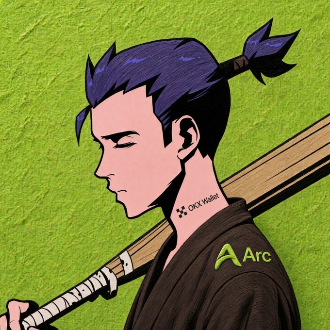 A stylized illustration depicts a stoic warrior with purple hair in a topknot, wearing a dark robe labeled "Arc" and carrying a sword, against a textured green background. The image references a tattoo reading "OKX Wallet" on the warrior's neck, symbolizing OKX's role in the Arc network—an Ethereum-based, USDC-optimized settlement layer featured in the post.