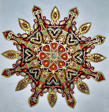 A decorative mandala-style artwork with intricate symmetrical patterns in red, yellow, green, and black colors.
