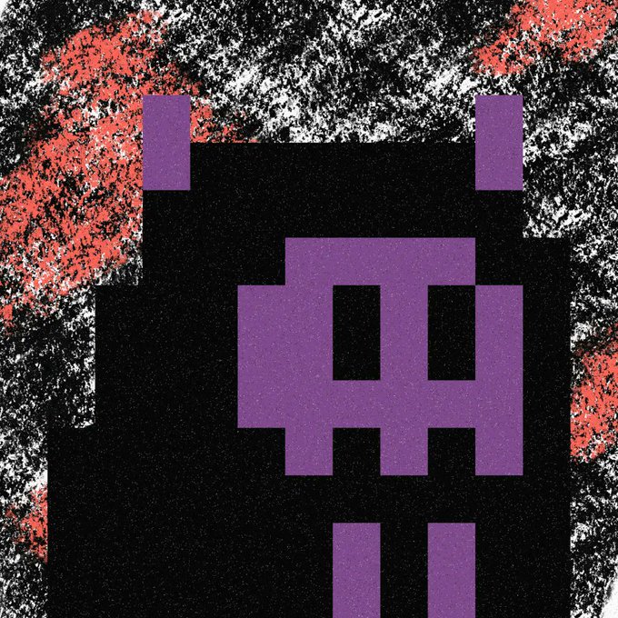 A pixel art style image of a black and purple alien-like character set against a noisy, static-filled red, white, and black background.