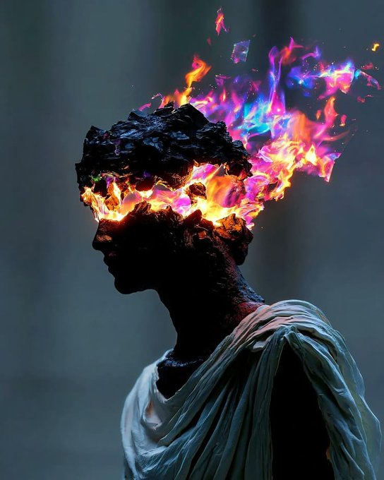 A surreal digital artwork showing a silhouette of a person in profile with a dark, cracked head from which vibrant orange, pink, and purple flames erupt.