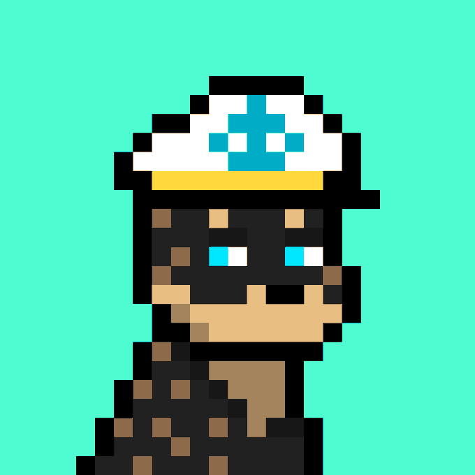 A pixel art illustration of a character wearing a white chef's hat with a teal cross and a brown checkered outfit against a solid teal background.