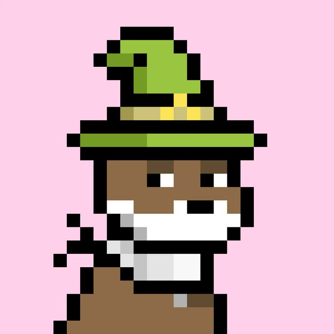 A pixel art illustration of a brown animal character wearing a green witch hat with a yellow band against a pink background.