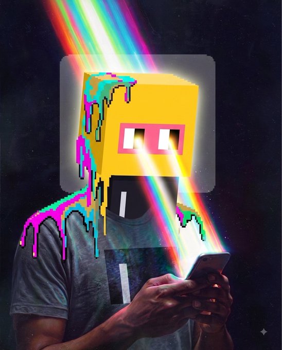 A digital illustration of a person holding a phone with bright rainbow light beams shooting from their eyes and head, their face obscured by a yellow cube and glitch art effects.