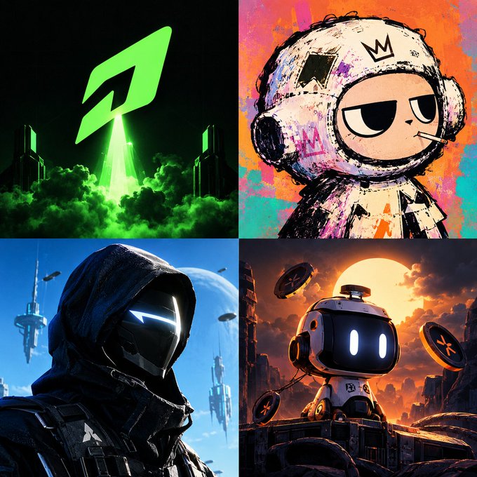 A four-panel sci-fi art collage featuring a glowing green logo, a cartoon astronaut, a hooded futuristic figure, and a small robot against an orange sunset.