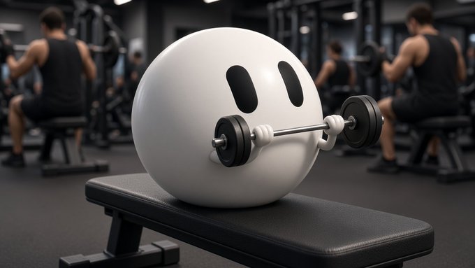 A white cartoon-style spherical character with simple black eyes lifts a barbell with dumbbell-style weights while sitting on a bench in a gym with people working out in the background.