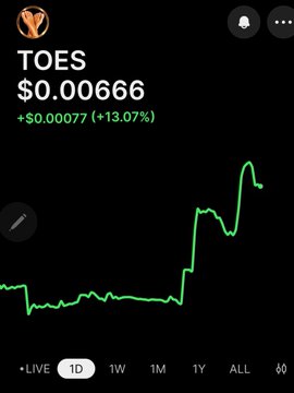 A mobile stock tracking app showing the ticker 'TOES' at a price of $0.00666, up $0.00077 (13.07%), with a 1D price chart showing a recent upward trend.