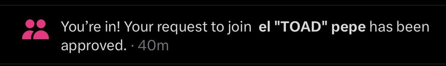 A notification reads "You're in! Your request to join el \"TOAD\" pepe has been approved." with a 40m timestamp.