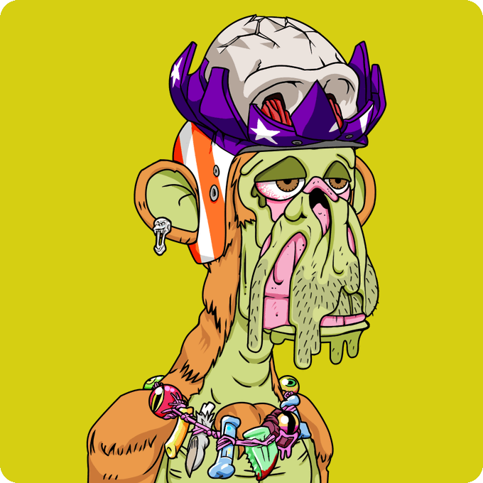 The image features a cartoon monkey wearing a helmet with purple and orange stripes, sitting against a yellow background. The monkey has a green face and is holding a bunch of objects that include a sword, a necklace, and a keychain. There are also some text elements in the image, such as "mutant #21608" and "opensea.io/collection/mut ... mutants are insane".