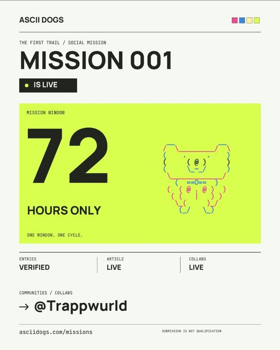 Promotional graphic for ASCII Dogs' "Mission 001" featuring bold text announcing the 72-hour mission window, accompanied by a stylized pixel-art dog illustration, matching the post's details about the live social mission at asciidogs.com/missions.