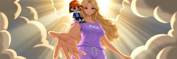 An anime-style blonde woman wearing a purple "AGI" shirt extends her hand toward the viewer, with a small character wearing an orange "alt..." cap perched on her shoulder, all set against a heavenly, sunlit cloudscape that illustrates the "Artificial Girlfriend Intelligence" meme narrative referenced in the post.