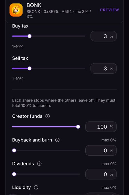 The image shows a token creation preview on argus.world for $BONK, configured with a 3% buy tax, 3% sell tax, and 100% creator funds allocation, matching the tutorial's recommended settings for launching a token on the Arc blockchain.