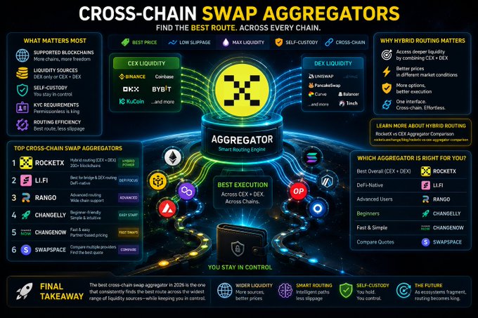 An infographic titled 'CROSS-CHAIN SWAP AGGREGATORS' comparing platforms like RocketX, LI.FI, Rango, Changelly, ChangeNOW, and Swapspace, highlighting hybrid routing between CEX and DEX liquidity with a central 'Aggregator' smart routing engine.
