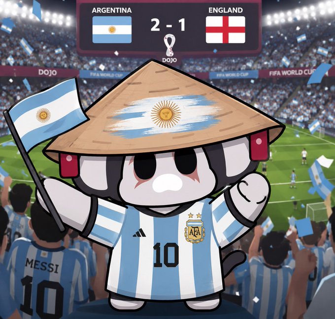 A cartoon-style illustration celebrates Argentina's 2-1 victory over England in the FIFA World Cup, featuring a panda-like character wearing an Argentina jersey and conical hat, with fans wearing Messi #10 jerseys in the background.