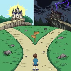 A cartoon illustration of a boy standing before a forked path, with a bright sunny castle on the left and a dark stormy castle on the right.