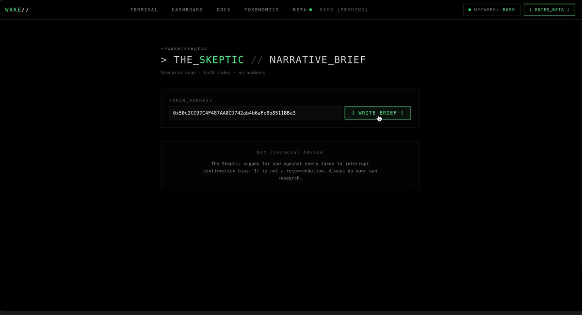 In the image, there is a screen display with green text and a green button in the top left corner. The main focus is on the post titled "The Skeptic" that says "The Skeptic". This could be related to the Skeptic, a project's narrative or a discussion about the project's progress.