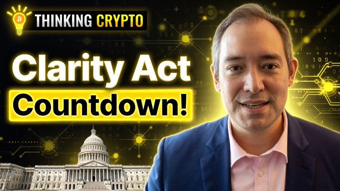 The image is a thumbnail for "Thinking Crypto" featuring text "Clarity Act Countdown!" alongside a man in a suit, with a backdrop showing the U.S. Capitol building and digital blockchain graphics, visually tying into the post about the critical legislation's impact on U.S. digital asset policy.