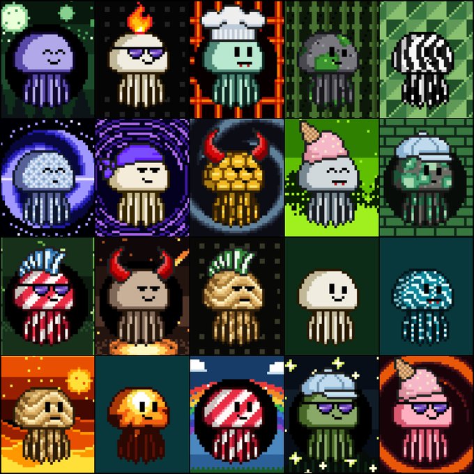 A grid of 20 pixel art jellyfish characters with various designs including chef hats, ice cream cones, horns, and sunglasses.