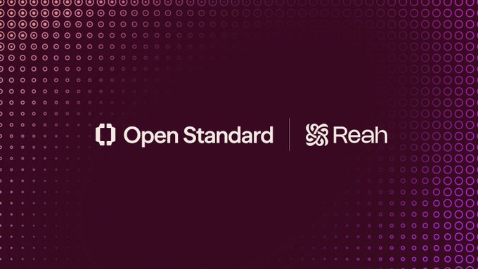A dark maroon background with a dotted pattern displaying the logos for 'Open Standard' and 'Reah'.