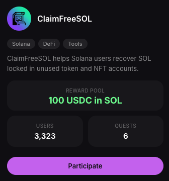 A promotional graphic for ClaimFreeSOL displays a "100 USDC in SOL" reward pool with 3,323 users and 6 quests, reinforcing the urgency of the 4-day deadline mentioned in the post. The "Participate" button and Solana/DeFi/Tools tags emphasize the call-to-action for users to join before time runs out.