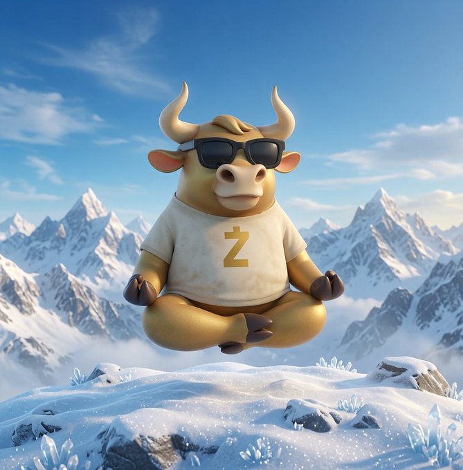 A cartoon cow wearing sunglasses and a t-shirt with a yellow 'Z' meditates in a lotus position atop a snowy mountain peak against a blue sky.