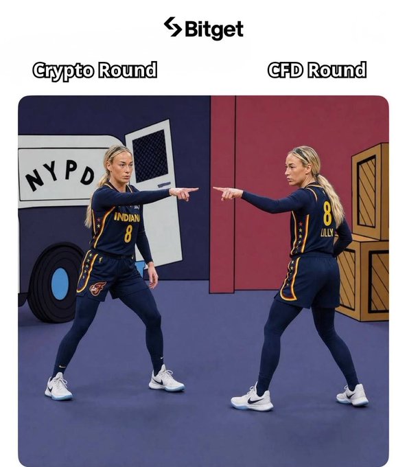 A Bitget promotional meme showing WNBA player Lexie Hull in her Indiana Fever #8 jersey pointing at her reflection in a mirror, captioned 'Crypto Round' vs 'CFD Round'.