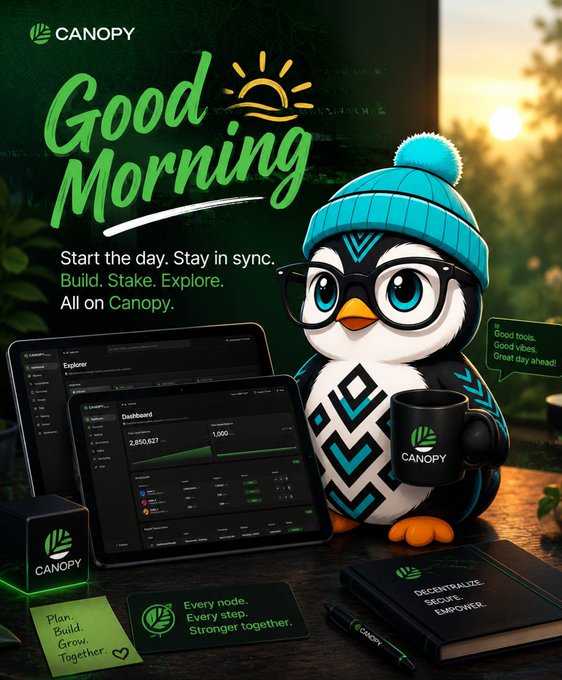 A "Good Morning" promotional graphic for Canopy featuring a cartoon penguin with glasses and a beanie holding a Canopy mug, alongside laptop screens showing a dashboard.