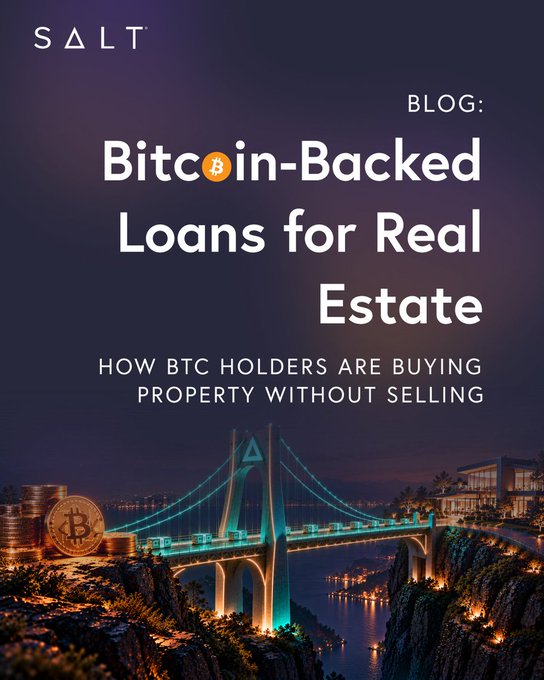 A SALT blog post titled 'Bitcoin-Backed Loans for Real Estate' with subtitle 'How BTC Holders Are Buying Property Without Selling,' featuring a night scene of a bridge with Bitcoin coins.
