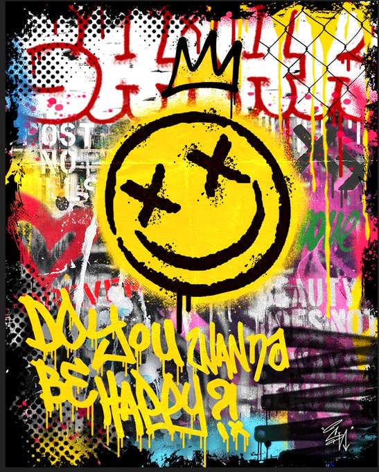 A vibrant graffiti-style artwork featuring a large yellow smiley face with X eyes and a crown, surrounded by dripping paint, hearts, and stylized text on a mixed-media background.