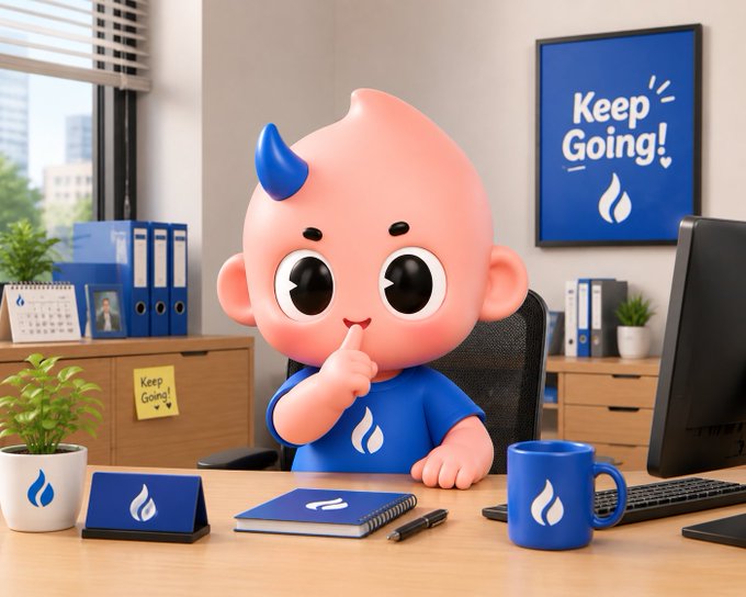 A 3D rendered pink baby-like character with a blue horn sits at a desk in an office, with a "Keep Going!" poster on the wall and matching blue branded merchandise on the desk.