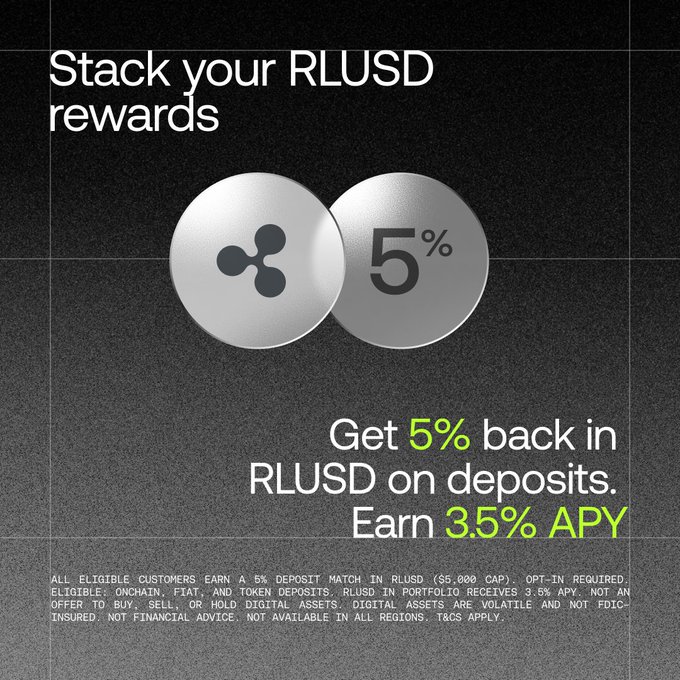 The image is a promotional graphic with the headline "Stack your RLUSD rewards," featuring two silver Ripple coins (one with the XRP logo and one marked "5%"), alongside text offering "5% back in RLUSD on deposits" and "3.5% APY." The fine print details that eligible customers can earn a 5% deposit match in RLUSD (up to $5,000 cap) plus 3.5% APY, directly illustrating the post's call to action for XRP holders to opt in and earn dual rewards.