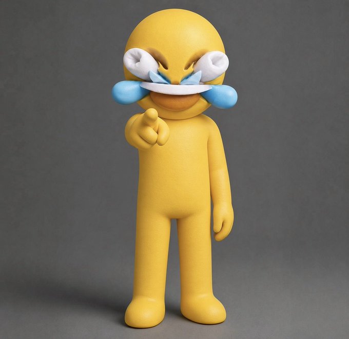 A yellow figurine sculpture with white puffy eyebrows, blue cheeks, a white mustache, and a smiling mouth, pointing its finger directly at the viewer.