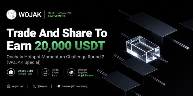 The image features a black background with a white title that reads "WOJAK Trade And Share To Earn 20,000 USDT". Below this main title there's some text promoting an event related to trading onchains and offering a prize pool of $20,000 US dollars. The event seems to be a contest or challenge focused on trading on chains.