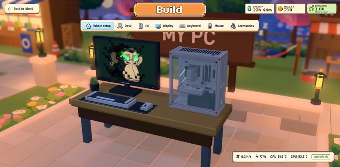 A screenshot from a video game (Pikaboo) showing a PC building scene titled 'MY PC' with a monitor displaying a koala and a PC case on a desk.