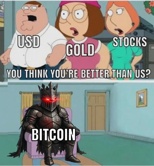A meme using Family Guy characters labeled 'USD', 'GOLD', and 'STOCKS' asking 'YOU THINK YOU'RE BETTER THAN US?' to a knight figure labeled 'BITCOIN'.