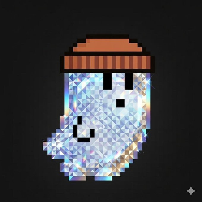 A pixelated, sparkling diamond ghost wearing an orange beanie floats against a black backdrop. The image playfully ties into the "diamond hands" theme—a popular crypto/stock-market phrase for holding onto assets—by depicting the ghost's body as a glittering diamond.