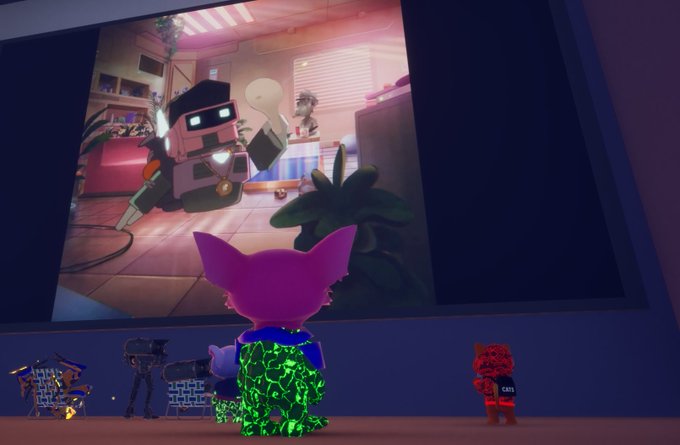 A pink fox-like character with a green glowing backpack watches a screen showing a small robot in a kitchen, with a small red bear figure nearby.