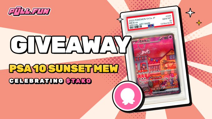 A promotional graphic for a 'PULLFUN' giveaway featuring a PSA 10 graded Pokémon card '2023 POKEMON SV2a JP MEW - SR #180 ART RARE GEM MT 10' and a Snapchat logo.