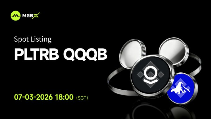 Promotional graphic for MGBX announcing the spot listing of PLTRB and QQQB, with trading opening on 07-03-2026 at 18:00 (SGT), featuring metallic token-like icons including a bull emblem against a black background.