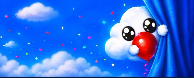 A whimsical digital illustration featuring a cute white cloud character with large eyes holding a red balloon, peeking out from behind a blue curtain against a starry sky with confetti.
