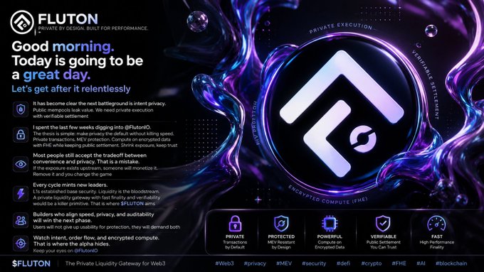 A dark, futuristic promotional banner for "FLUTON" (tagline: "PRIVATE BY DESIGN. BUILT FOR PERFORMANCE.") features a glowing purple and blue liquid-metal 3D emblem at its center, surrounded by highlights like "PRIVATE EXECUTION," "VERIFIABLE SETTLEMENT," and "ENCRYPTED COMPUTE (FHE)," along with a morning motivational message and a list of feature benefits such as "PRIVATE Transactions by Default" and "PROTECTED Mempool Privacy by Design."