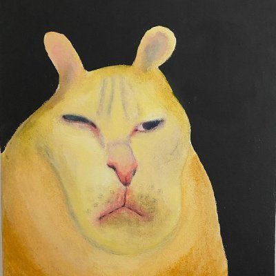 An artistic painting of a yellow lion or large cat's face against a black background, featuring distinctive half-closed eyes giving it a sleepy or judgmental expression.