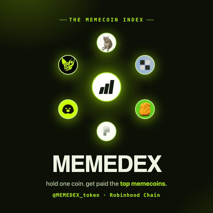 A promotional graphic for "MEMEDEX" featuring "THE MEMECOIN INDEX" with a circular arrangement of meme icons (including a doge, goblin, pixel pattern, and others) and the tagline "hold one coin. get paid the top memecoins." tagged @MEMEDEX_token on Robinhood Chain.