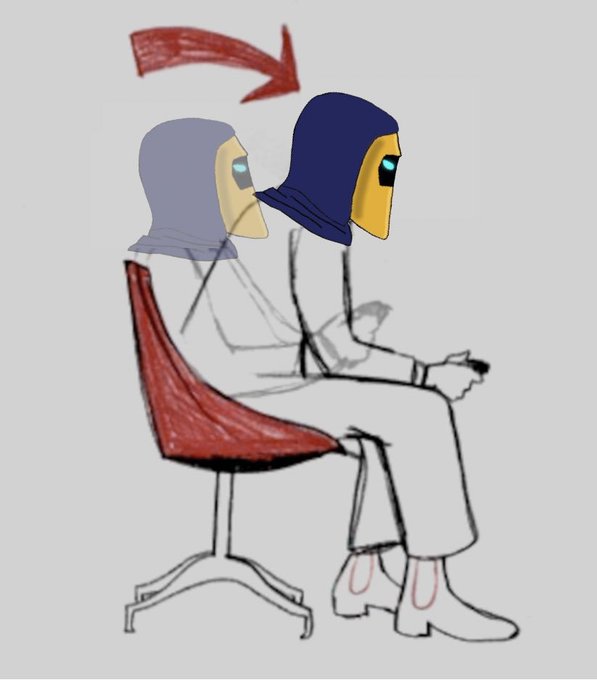 A digital drawing shows two hooded figures seated in a red chair, with the front figure having a yellow face and blue glowing eyes, and a red arrow pointing to a helmeted figure behind them.