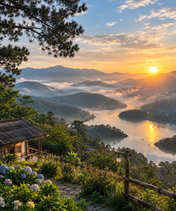 A scenic landscape at sunset featuring mist-covered mountains and a lake, viewed from an elevated path lined with a wooden fence, flowers, and a small traditional building.